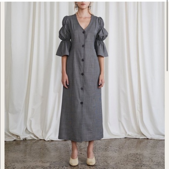 Ovna Ovich Kahlo Puff Sleeve Button Down Midi Dress in Slate Italian Wool - Picture 2 of 8